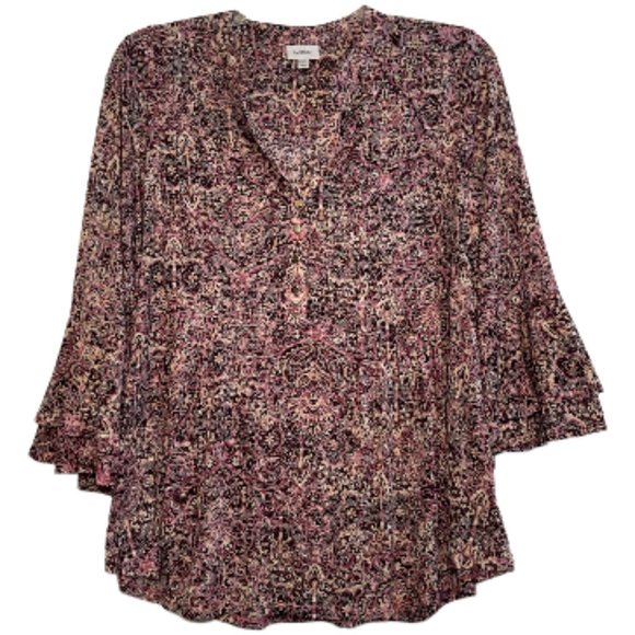 AVENUE Abstract Pink Burgundy Paisley Henley Blouse Bell Sleeves Top Plus 18/20